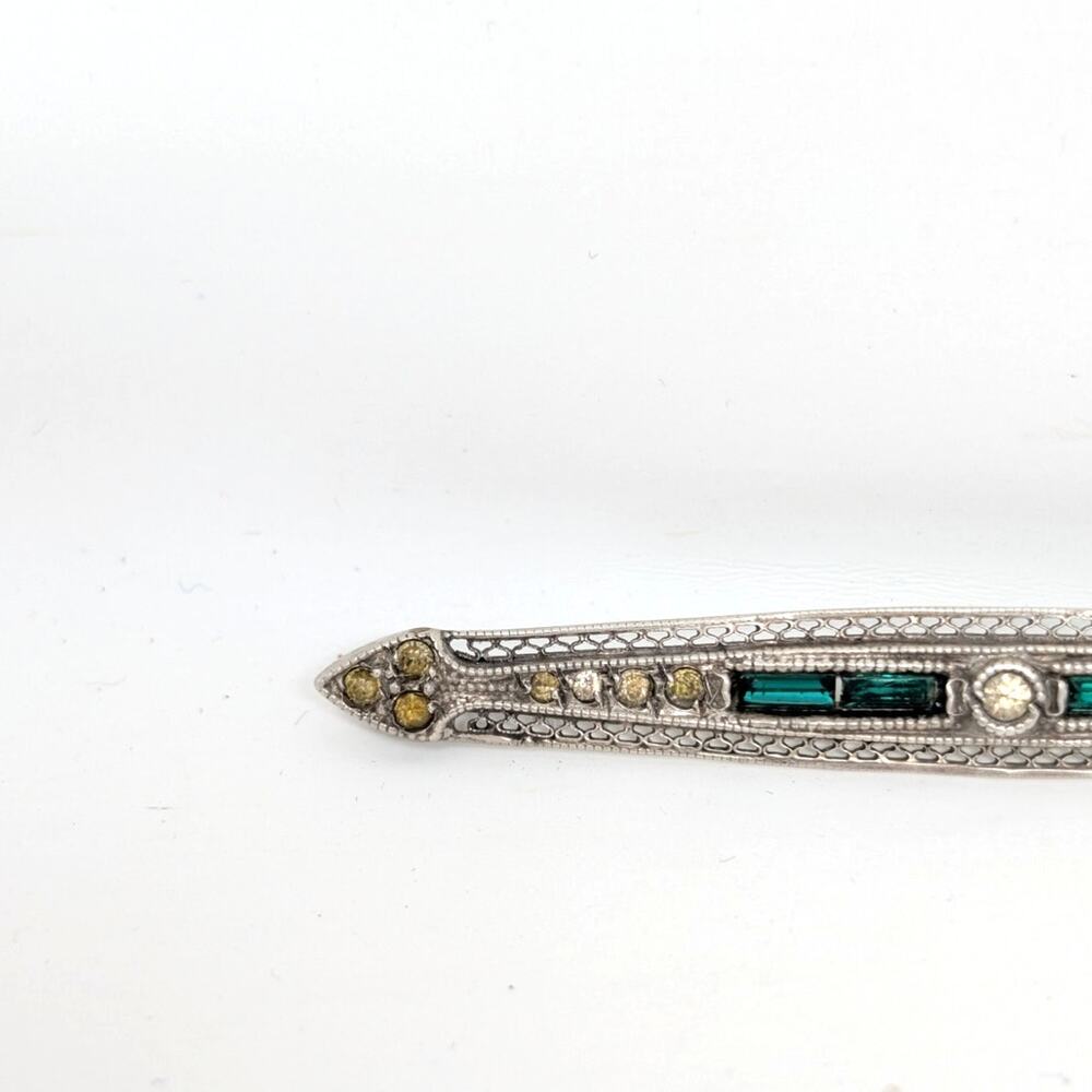 Vintage Art Deco Sterling Silver Green Baguette Rhinestone Bar Brooch - Picture 11 of 13